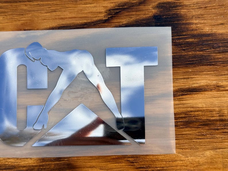 Puede incluir: Calcoman&iacute;a plateada con la palabra "CAT", donde la letra "A" es reemplazada por una silueta estilizada de una persona en posici&oacute;n de yoga. La calcoman&iacute;a est&aacute; sobre un respaldo transparente.