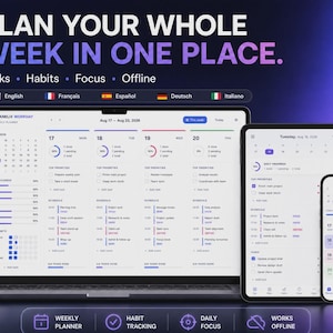 Könnte beinhalten: Ein Laptop, ein Tablet und ein Smartphone zeigen die Benutzeroberfläche des Planelix Workday Wochenplaners. Die Bildschirme zeigen einen Kalender, Aufgabenlisten, Gewohnheits-Tracker und Tagespläne mit dem Text PLAN YOUR WHOLE WEEK IN ONE PLACE.