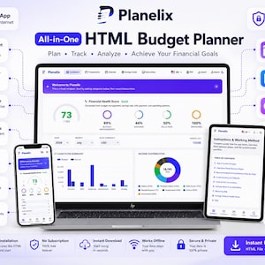 Op de afbeelding: Een Planelix all-in-one HTML-budgetplanner weergegeven op een laptop, smartphone en tablet. De interface bevat een dashboard met een financiële gezondheidsscore, een overzicht van de kasstroom, inkomstenverdelingsgrafieken en diverse tools.