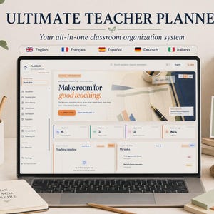 May include: A laptop screen displaying the Planlix Ultimate Teacher Planner interface with sections for students, seating plans, and grading. The screen shows the text Make room for good teaching and various dashboard metrics for classroom organization.