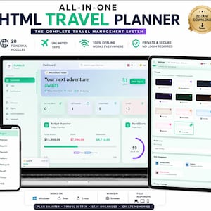 Interactive Travel Planner Offline HTML App | Trip Itinerary, Budget & Packing List Tracker