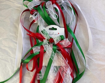 Handmade Mexican Hair Ribbon Clips, Medium Size, Red Green White Cultural Accessory