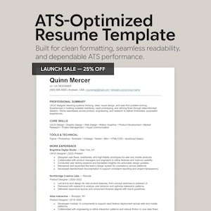 May include: A digital resume template document featuring the text ATS-Optimized Resume Template and LAUNCH SALE - 25% OFF. The document displays sections for professional summary, core skills, tools, and work experience for a UI/UX designer.