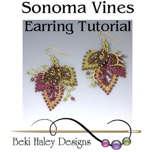 May include: Sonoma Vines Earring Tutorial featuring a pair of gold earrings with beaded leaves in shades of green, brown, and purple.