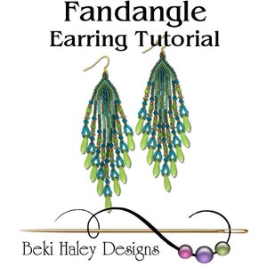 May include: A pair of long, green and blue beaded earrings with gold hooks. The earrings are called "Fandangle Earrings" and are a tutorial from Beki Haley Designs.