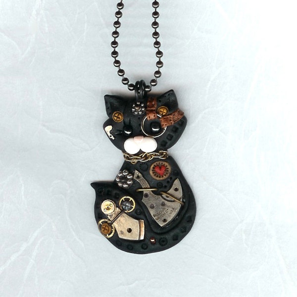 Steampunk Black Kitty Cat Necklace Polymer Clay Jewelry