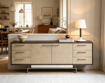 Faux Shagreen Sideboard, Art Deco Credenza, Solid Wood, Stainless Steel Base, 72"