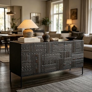 Puede incluir: Un aparador de madera marrón oscuro con intrincados patrones geométricos en las puertas y cajones. Una lámpara beige con base redonda y pantalla se encuentra encima, junto con libros y objetos decorativos. El aparador tiene patas de metal negro.