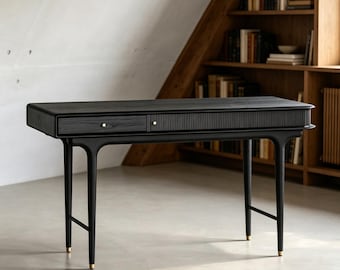 Massivholz geriffelter Tambour Schreibtisch, Mid-Century Japandi Schreibtisch