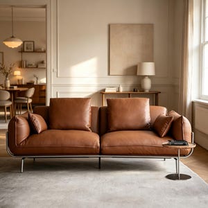 May include: A contemporary brown leather sofa with a stainless steel frame and legs. The sofa features large square cushions and smaller accent pillows. A small side table with a book is placed beside the sofa. The room has a neutral colour scheme.