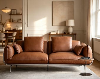 Top Grain Leather Sofa, Bauhaus Metal Frame, Deep Seat Couch, Industrial Luxury Furniture