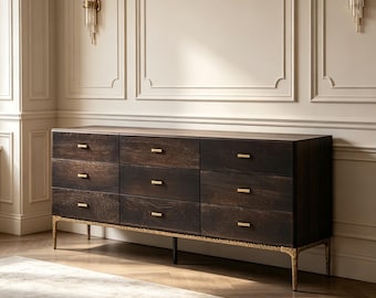 Aparador de roble francés estriado, vitrina Japandi, patas de hierro fundido, credenza minimalista