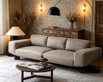 Aniline Leather Sofa, Extra Deep Seat Couch, Mid Century Wood Legs, Cognac 3 Seater