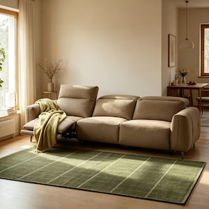 Könnte beinhalten: Ein modernes Dreisitzer-Sofa in einem neutralen Beigeton mit Relaxfunktion. Eine lindgrüne Decke ist über dem Sofa drapiert. Ein grüner Teppich mit Gittermuster liegt auf dem Boden. Der Raum hat ein Fenster und einen Esstisch.