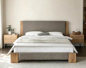 Solid French Oak Platform Bed, Wabi-Sabi Linen Wool Headboard, Japandi Bedroom Furniture