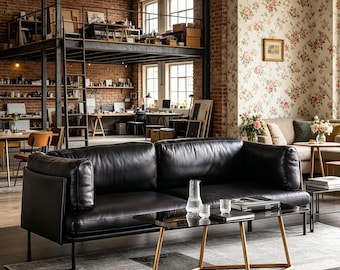 Sofá de 3 plazas de cuero anilina de grano superior, color marrón oscuro, estilo industrial moderno, patas metálicas de mediados de siglo.