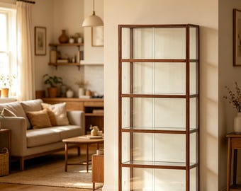 Mid Century Modern Walnut Display Cabinet, Sliding Doors, Japandi Bookshelf Vitrine