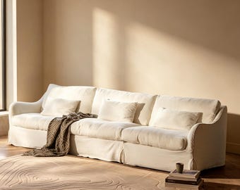 White Linen Cloud Sofa, Modular Down Filled Couch, French Country Modern Farmhouse Furniture