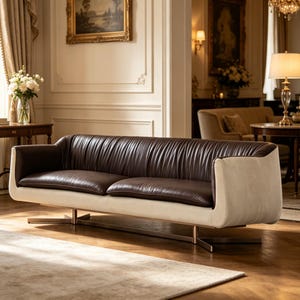 Plissee Leder Sofa aus belgischem Leinen, zweifarbige braun-beige Couch, luxuriöse Wohnzimmermöbel