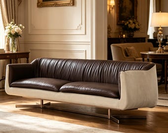 Pleated Leather Belgian Linen Sofa, Two-Tone Brown Beige Couch, Luxury Living Room Furniture