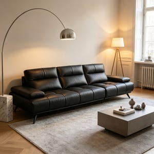 Top-Grain Leather Sofa, Adjustable Sliding Backrest, Tufted Block Design, Modern Couch