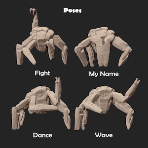 May include: Four beige, stone-textured creature figurines displayed in different positions labeled Poses, Fight, My Name, Dance, and Wave. Each figure features segmented limbs and a rocky, cracked surface appearance, showcasing distinct limb arrangements for each pose.