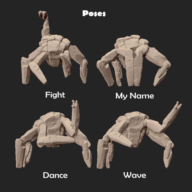 May include: Four beige, stone-textured creature figurines displayed in different positions labeled Poses, Fight, My Name, Dance, and Wave. Each figure features segmented limbs and a rocky, cracked surface appearance, showcasing distinct limb arrangements for each pose.