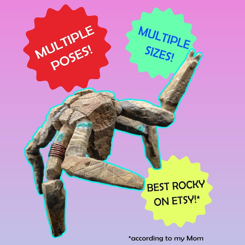 May include: A brown, rock-textured articulated figure with teal accents and a copper wire band on one limb. The image includes text: MULTIPLE POSES!, MULTIPLE SIZES!, BEST ROCKY ON ETSY!*, and *according to my Mom, set against a light purple background.