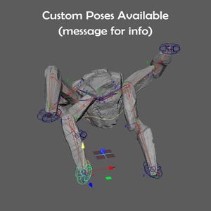 May include: A 3D digital model of a grey, multi-legged creature with an articulated skeletal rig featuring red, blue, and green control handles. The text "Custom Poses Available (message for info)" is displayed in white at the top of the screen.