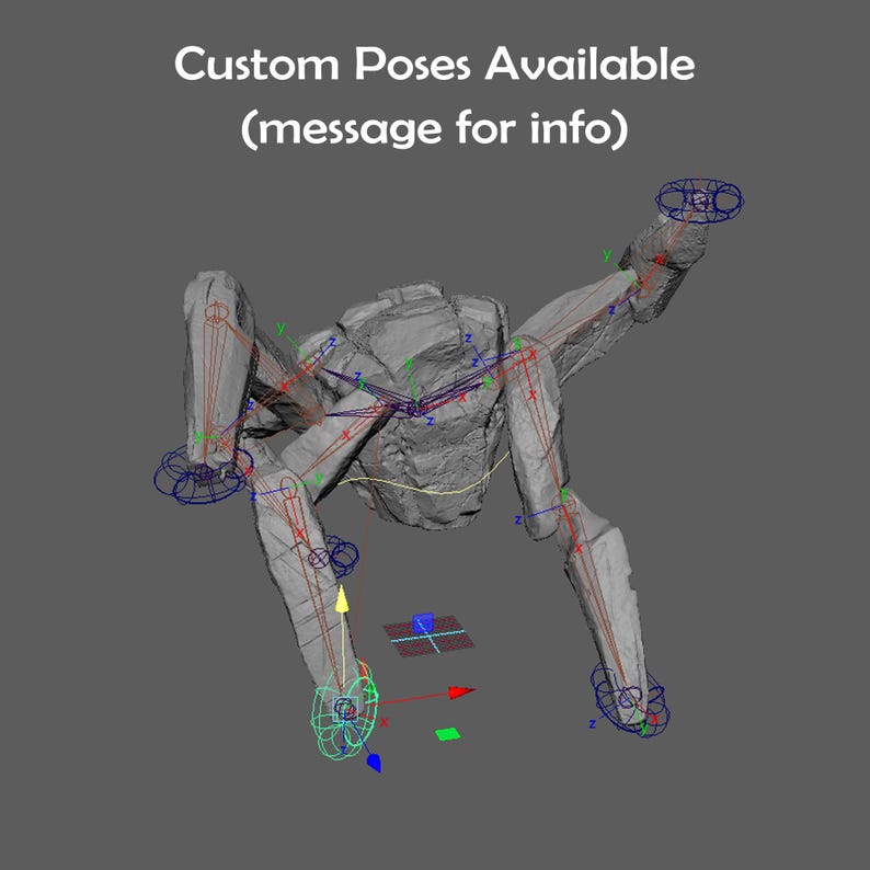 May include: A 3D digital model of a grey, multi-legged creature with an articulated skeletal rig featuring red, blue, and green control handles. The text "Custom Poses Available (message for info)" is displayed in white at the top of the screen.