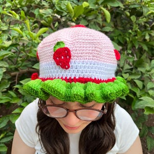 Strawberry Crochet Bucket Hat. Cute Pink Strawberry Bucket Hat. Handmade Hat. Strawberry Shortcake Hat. Crochet Hat. Gifts. Halloween Hat.