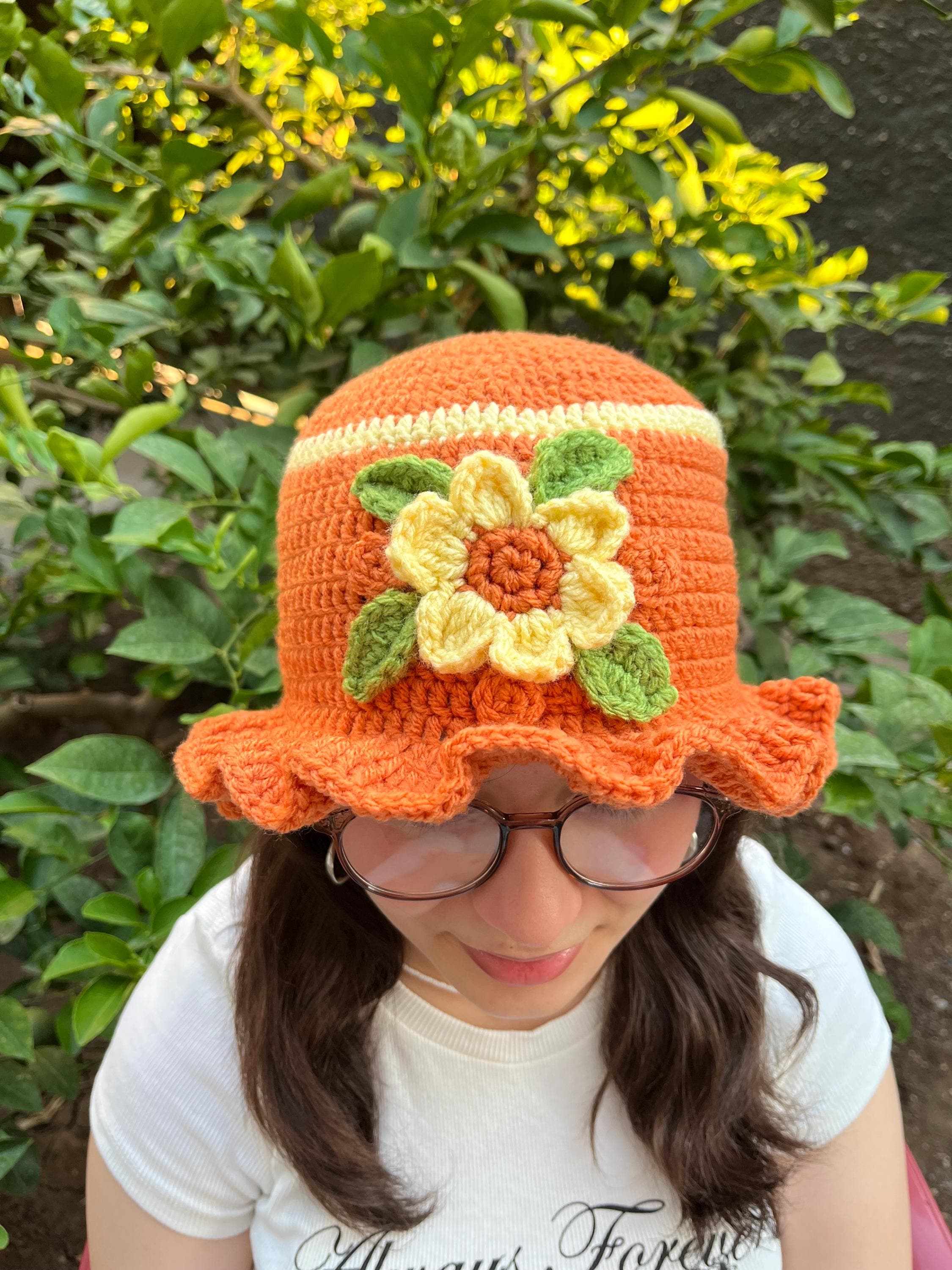 Orange Blossom Crochet Bucket Hat. Strawberry Shortcake. Flower