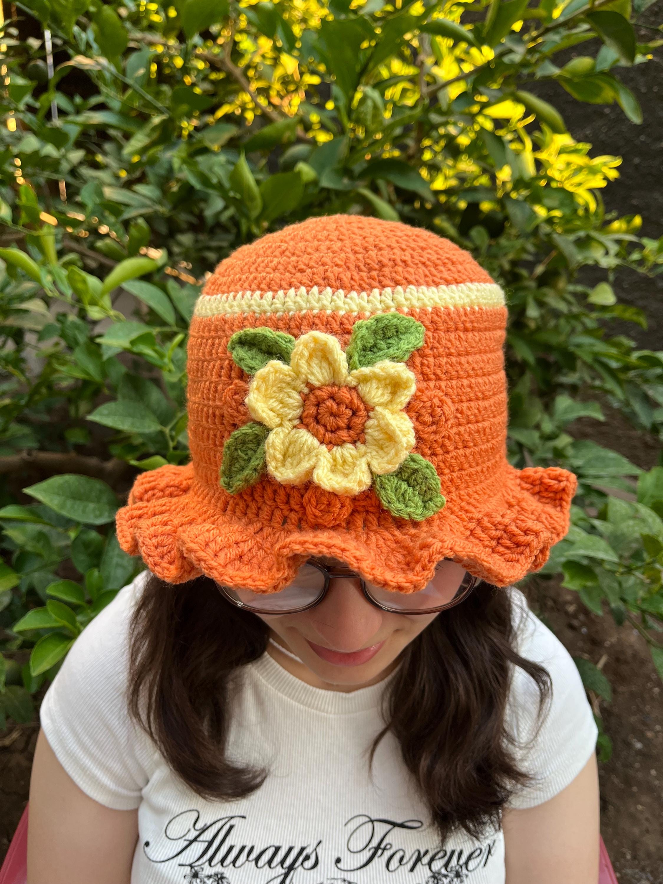 Bucket Hat Crochet with Pink &  Orange Accents Handmade Hand Crochet Ckeckered Pink&Orange Bucket Hat  main image 2