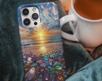 Sea Glass Beach Sunset Phone Case, Ocean Aesthetic Cover, Colorful Coastal Art, Beach Lover Gift, iPhone & Samsung Case, Sunset, Tough Cases