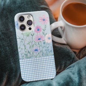 Blue Gingham Floral Phone Case, Cottagecore Aesthetic, Wildflowers Pastel Design, Cute Botanical Case, Cute case, Boho Chic, Tough Case