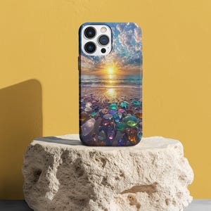 Sea Glass Beach Sunset Phone Case, Ocean Aesthetic Cover, Colorful Coastal Art, Beach Lover Gift, iPhone & Samsung Case, Sunset, Tough Cases
