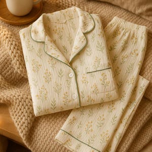 Pijama de algodón floral para mujer: ropa de estar por casa suave con botones y pantalones con cintura elástica / Regalo de pijama acogedor para Navidad 2025 para ella