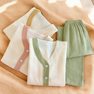 Soft Cotton Pajama Set for Women – Button-Up Loungewear in Green, Mustard & Pastel Pink | Cozy and Lightweight Sleepwear for All Seasons