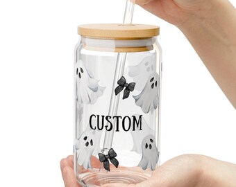 Spooky Cute Ghost Glass Tumbler, Halloween Sipper, Customizable