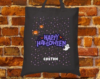 Custom Halloween Trick or Treat Black Canvas Tote Bag Personalized Halloween Tote