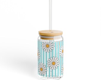 Vintage-Inspired Cute Daisy Striped Glass Tumbler with Bamboo Lid Sipper Glass, 16oz