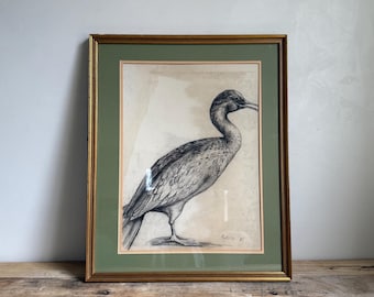 Gorgeous Vintage Framed Signed Charcoal Drawing of a Duck