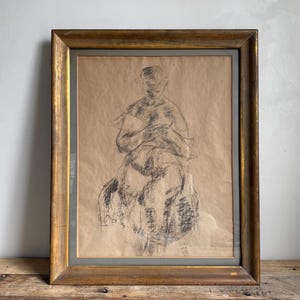 Gorgeous Framed Signed Charcoal Drawing of a Seated Figure on Paper