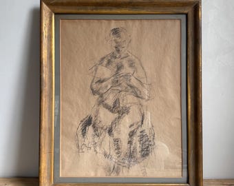Gorgeous Framed Signed Charcoal Drawing of a Seated Figure on Paper