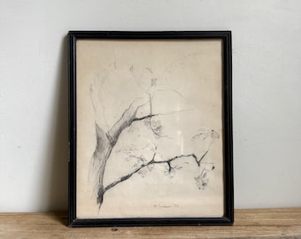 Beautiful Vintage Framed Drawing of a Cherry Blossom Tree, Signed and Dated