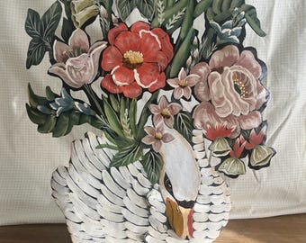 Vintage Toleware handbeschilderd metalen haardscherm met zwaan of gans en bloemen