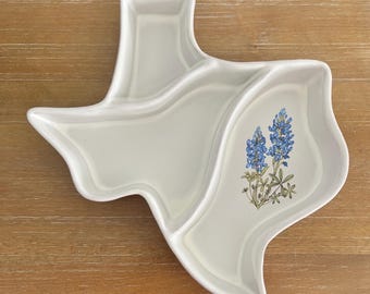 Vtg Frankoma Pottery LargeTexas Shaped Divided bak-/serveerschaal Bluebonnet