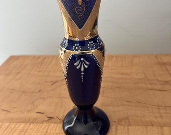 vintage Bohemian or Czech-style cobalt blue art glass with gold gilding bud vase
