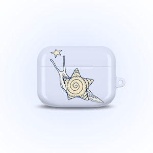 May include: A white AirPod case featuring a whimsical illustration of a snail with a star-shaped shell reaching for a star. The snail and star are outlined in navy blue with a cream-colored fill, creating a playful design.