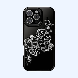 May include: Black phone case with a white illustration of a cat, stars, and swirling lines. The case has a glossy finish and a camera cutout on the upper left corner.